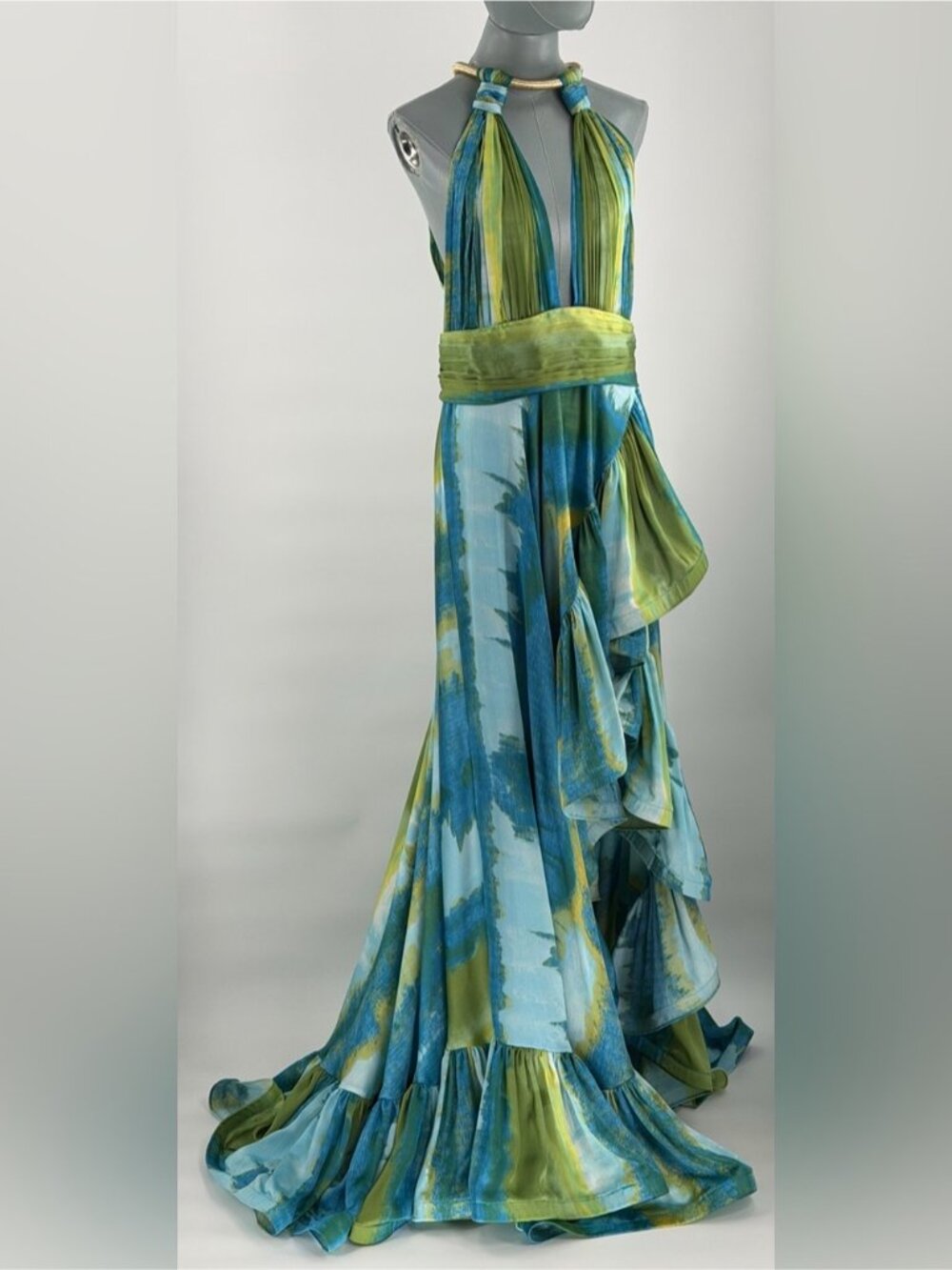 🆕 BRONX & BANCO 🧿 NWOT Palma Coastal Ruffle Hi-Low Gown, Blue Green, Sz L US 8 - Picture 10 of 16